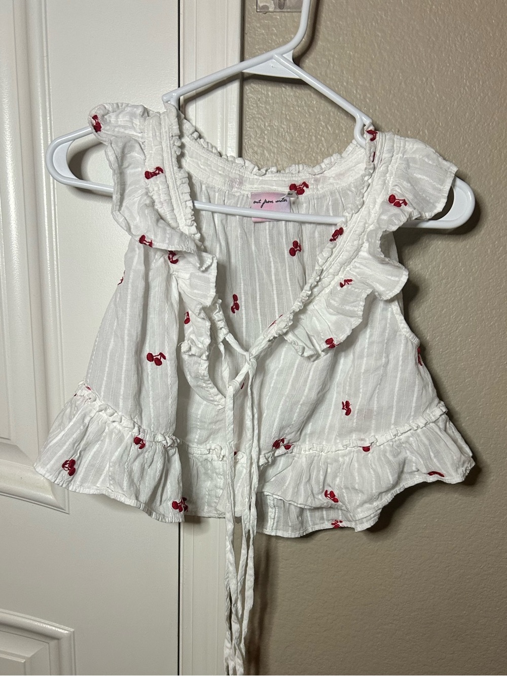 Women’s White Ruffle Tie-Front Top with Cherry Print